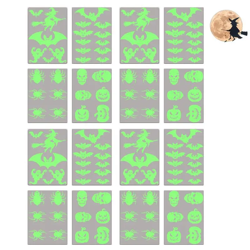 

Светящиеся наклейки на Хэллоуин, Светящиеся Настенные наклейки на Хэллоуин, 4 листа, светящиеся переводки, наклейки в виде паука, тыквы, ведь...