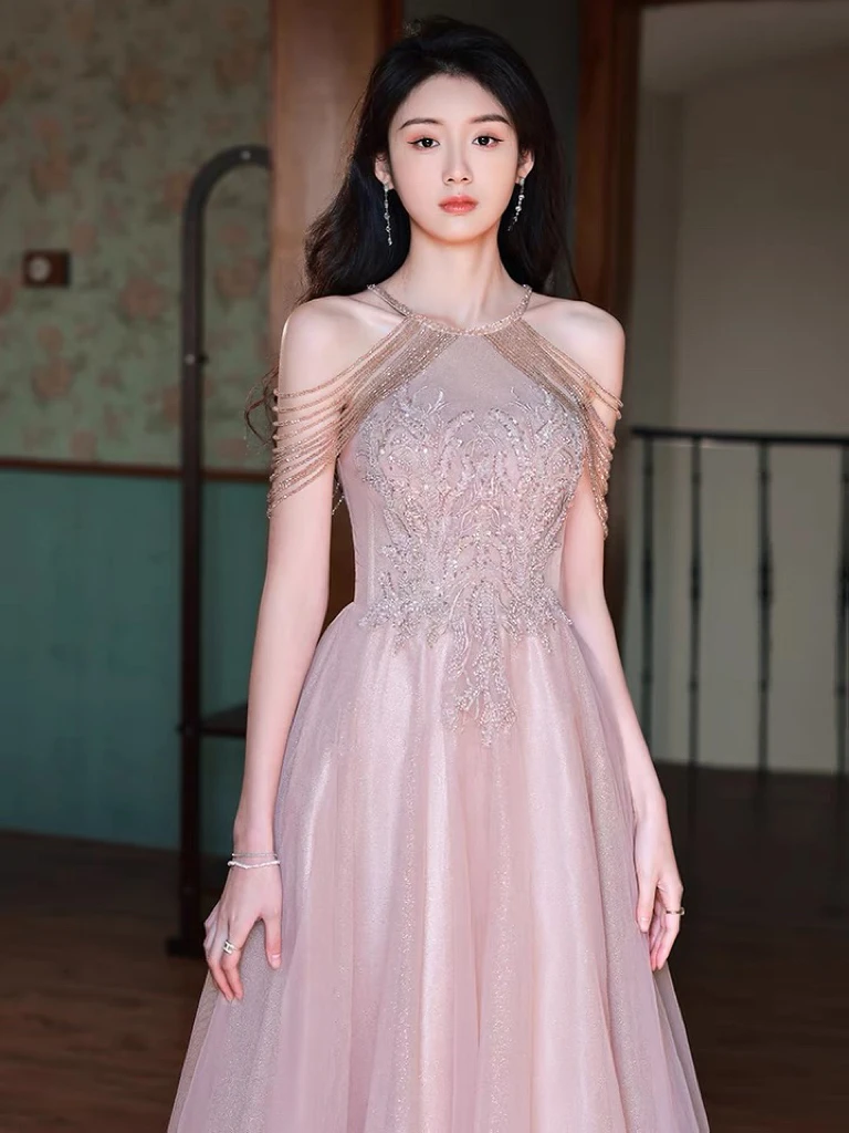 

Pink Halter Bridesmaid Dresses Beading Tassel Off Shoulder Applique A Line Sequin Quinceanera Engagement Evening Party Gowns New