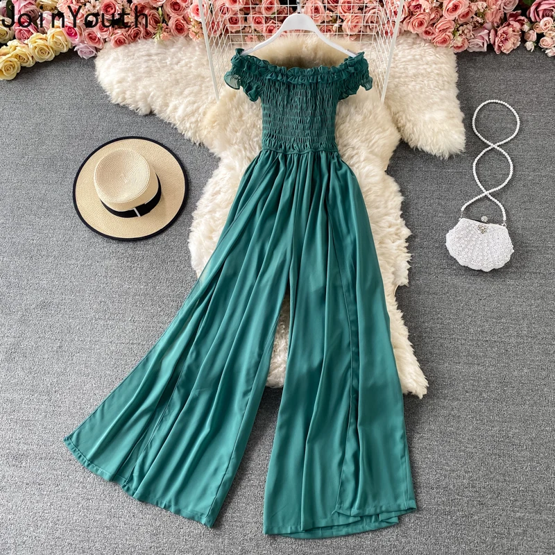 Женский комбинезон с вырезом-лодочкой широкие брюки со складками летний в