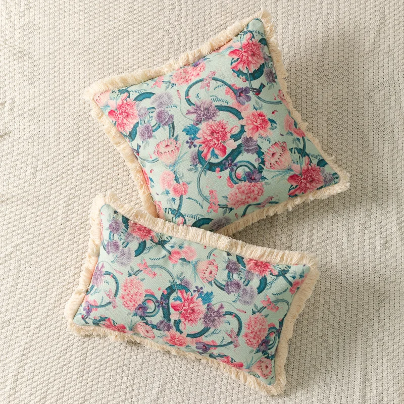 

Nordic Style Fashion Tassel Edge Decoration Colorful Plant Flower Printed Pillowcase Sofa Cushion Cover