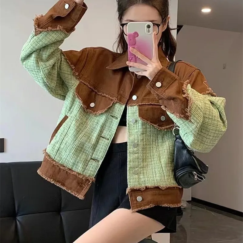 

Женская джинсовая куртка, однобортная джинсовая куртка с прострочкой, Модные осенние женские топы