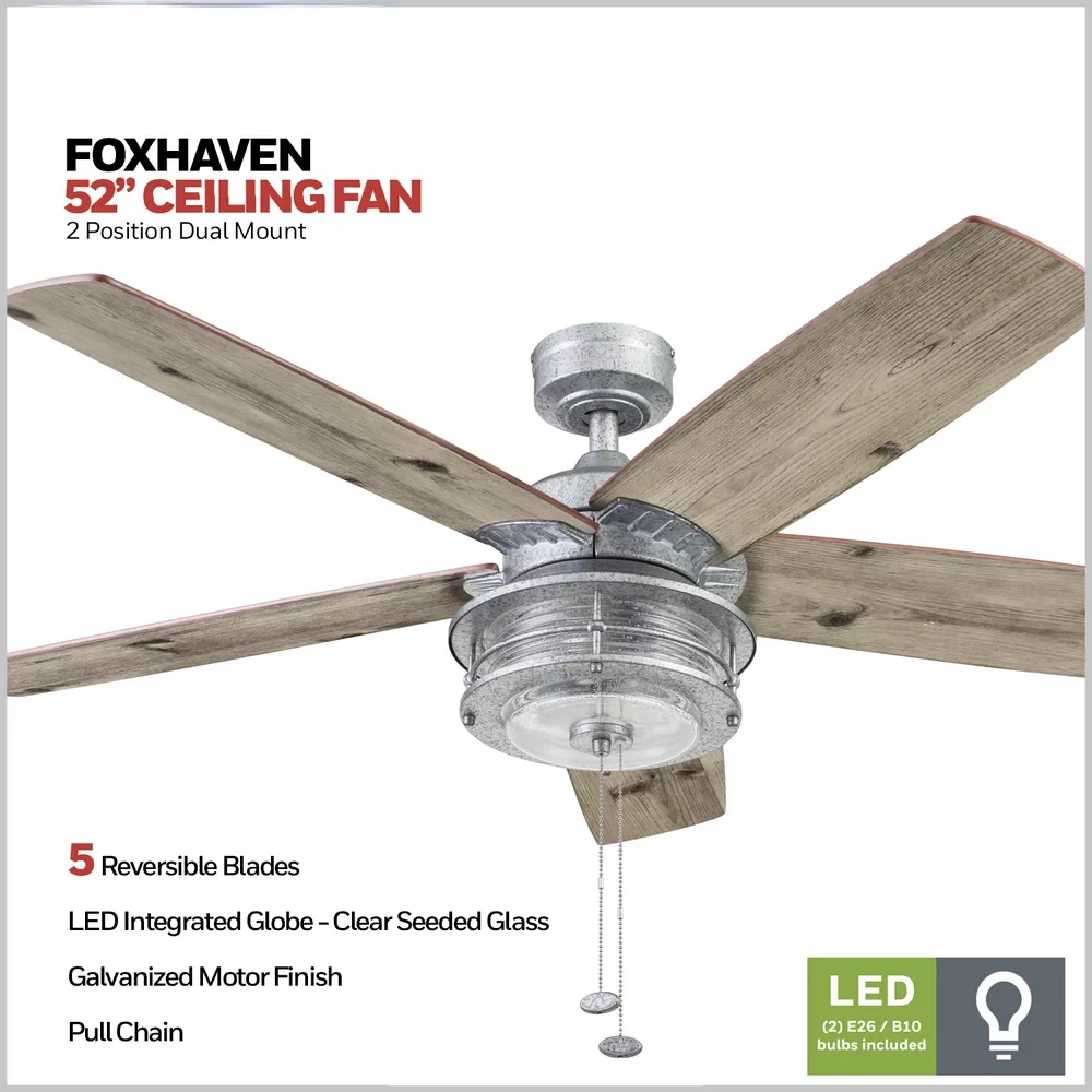 

52" Galvanized Farmhouse Ceiling Fan with 5 Blades, Lantern Style Light Kit & Pull Chains