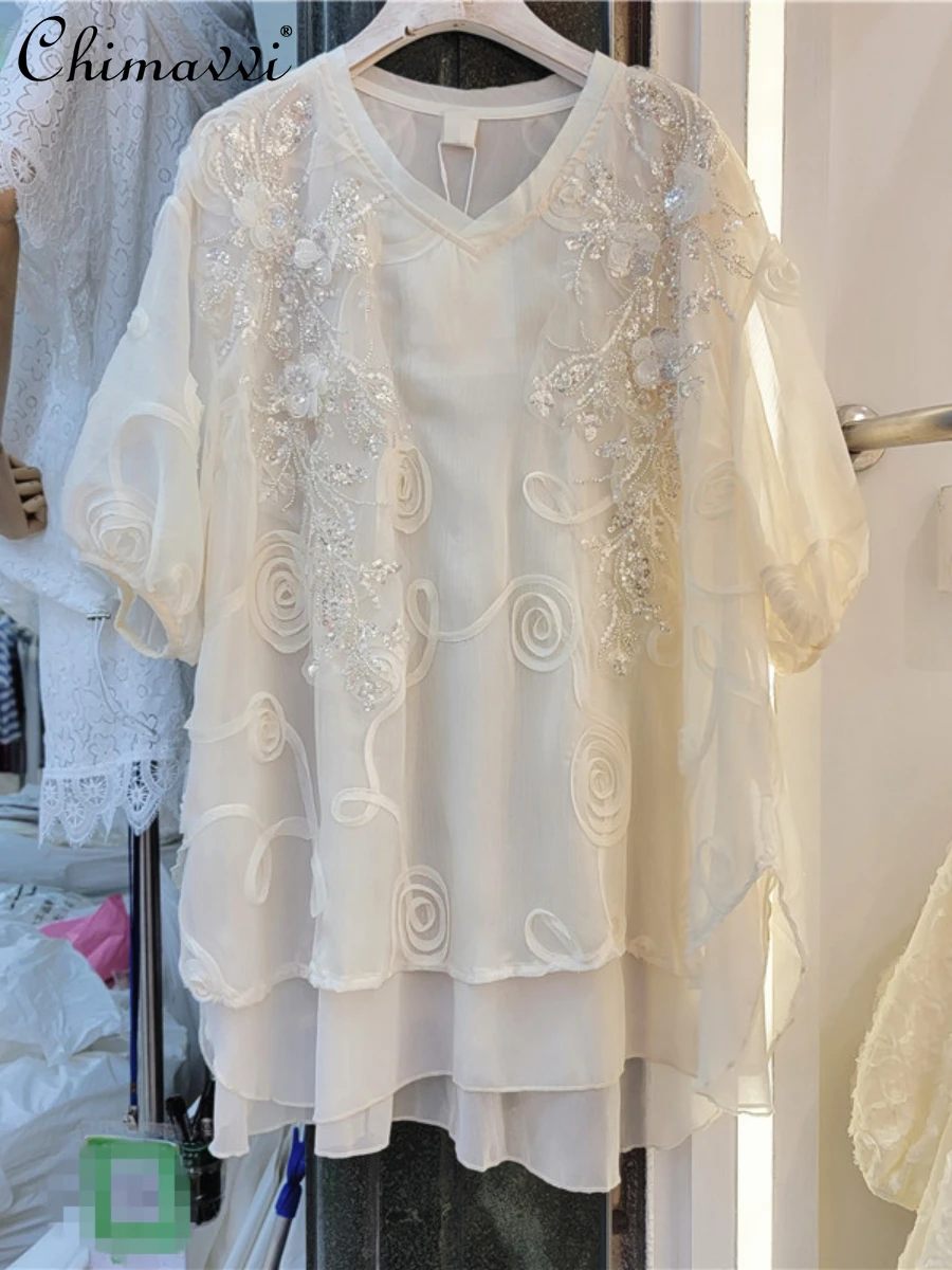 

Heavy Beads Sequined Lace Shirt for Women 2022 Summer Clothes New Fashion Loose Flower Embroidered Crew Neck Tops Blouse