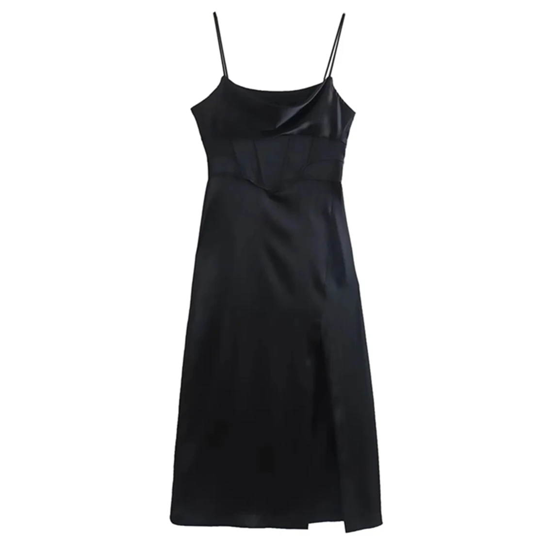 

Dave&Di England Style Fashion Dress 2023 Satin Silk Splicing Spaghetti Strapless Midi Black Dress Women