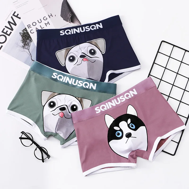 3 Pcs Fashion Cotton Men Underwear Cartoon Low Waist Boxers Cute Puppy Panties Comfortable and Breathable Underpants