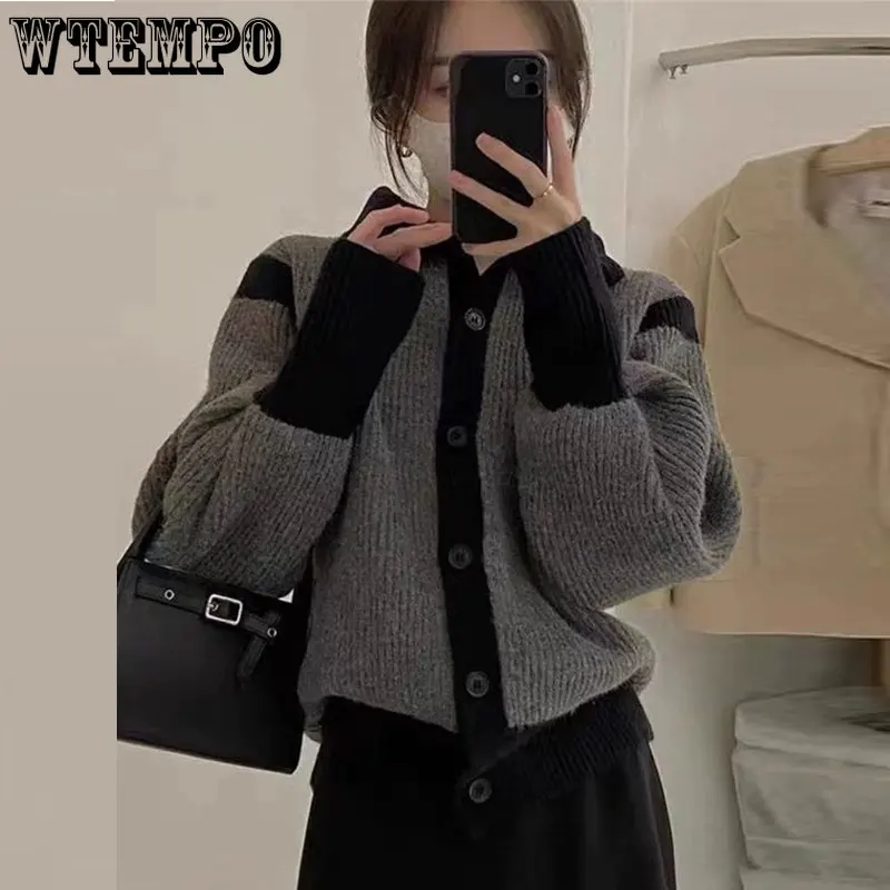 

Women's Sweaters Autumn Contrast Black Turtleneck Crop Cardigan Puff Long Sleeve Grey Knitwear Jacket Lazy Loose Sweater Top