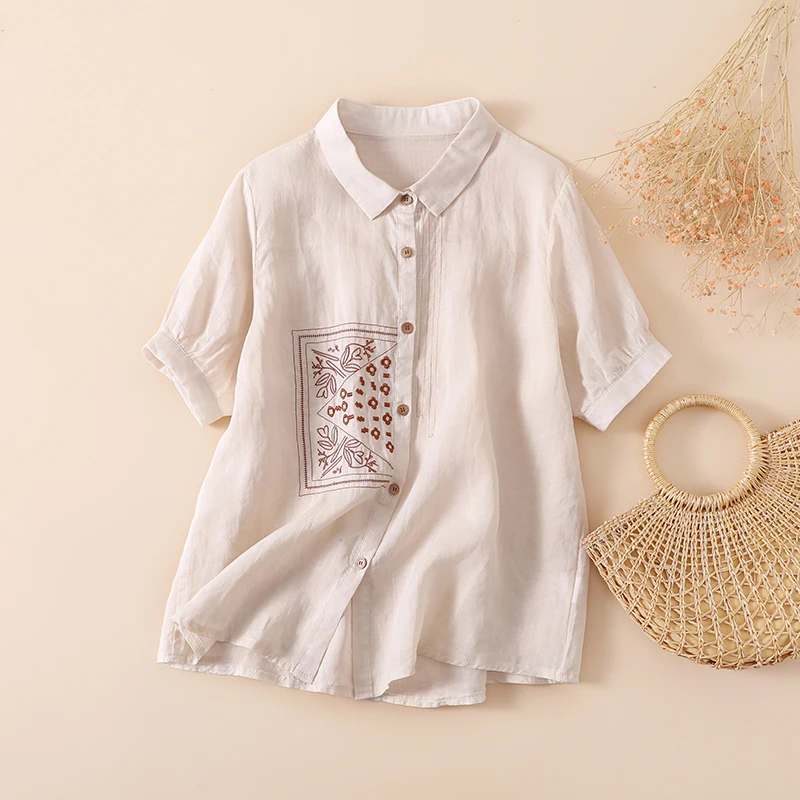

Summer Short Sleeve Cotton Linen Blouse Tops Women Blusas Mujer De Moda 2022 Lapel Embroidered Oversized Women Blouses Shirts