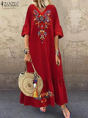 Платье ZANZEA женское с коротким рукавом, повседневный винтажный сарафан с богемным принтом, с V-образным вырезом и оборками, с цветочным принтом, на лето
