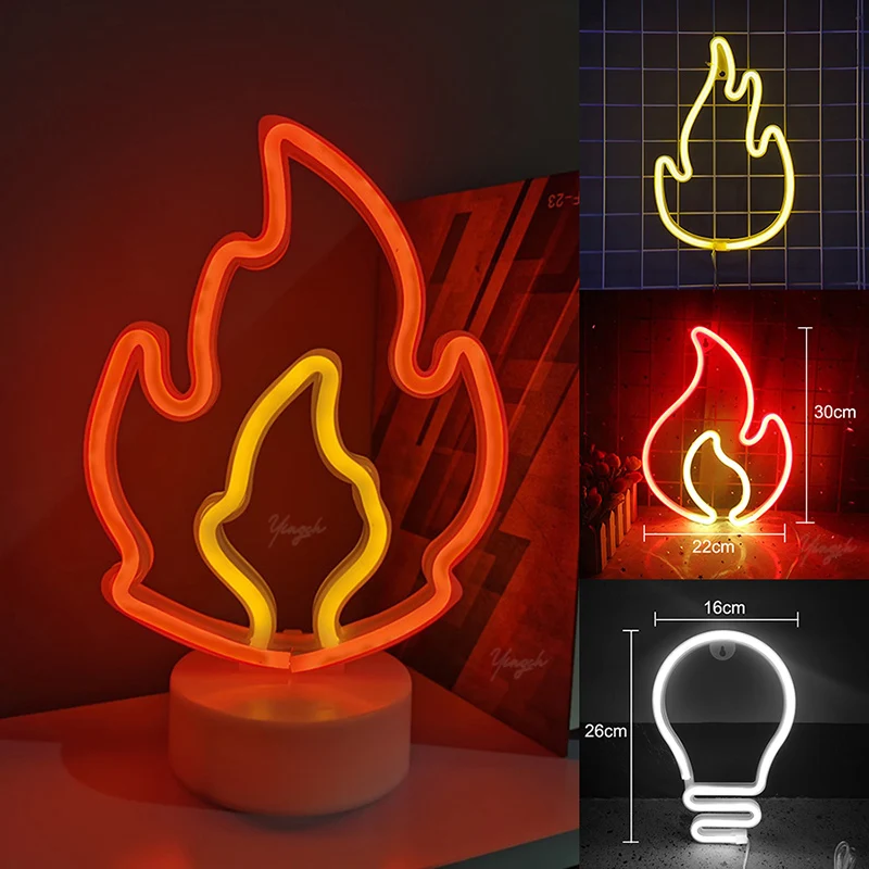 Flame Sign Neon Light LED Fire Flaming Logo Modeling Lamp Decor Shop Room Wall Table Ornament Bar Club Party USB & Battery Box
