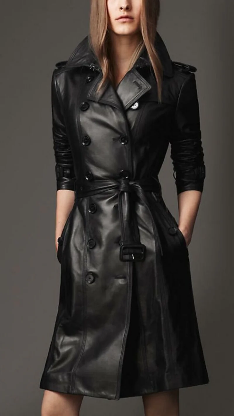 Women Black Leather Jacket Genuine Real Leather Knee Length Trench Coat