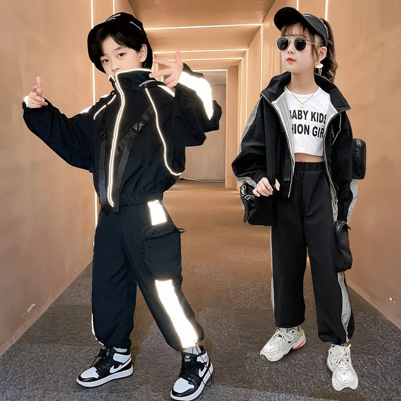 Boys Girls Clothing Sets 4-13T Unisex Sports Suit Reflective Hoodies+Pants Street Wear Fashion Hip Hop Kids Teens Clothes Suits