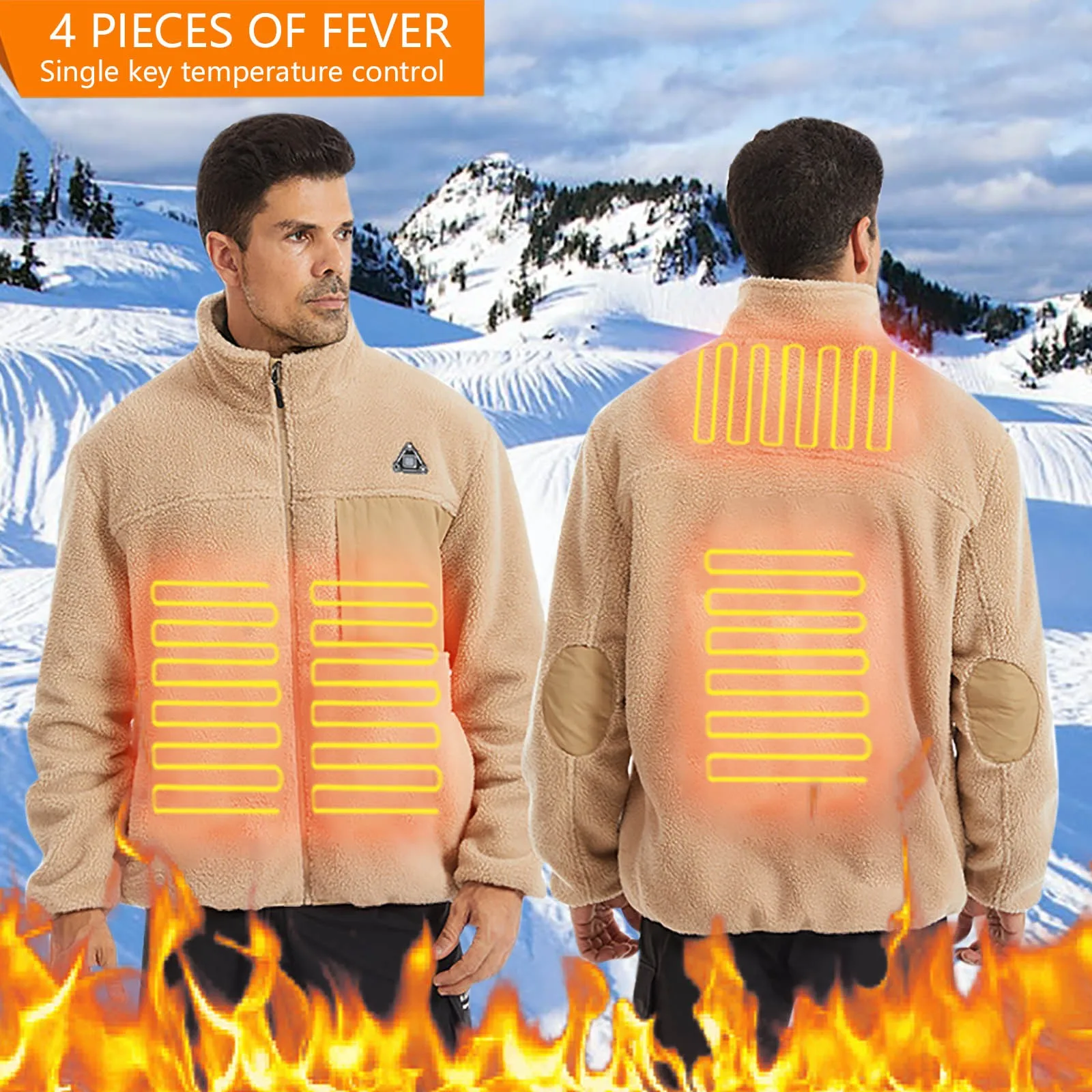 Мужская однотонная теплая флисовая куртка с подогревом и воротником-стойкой на