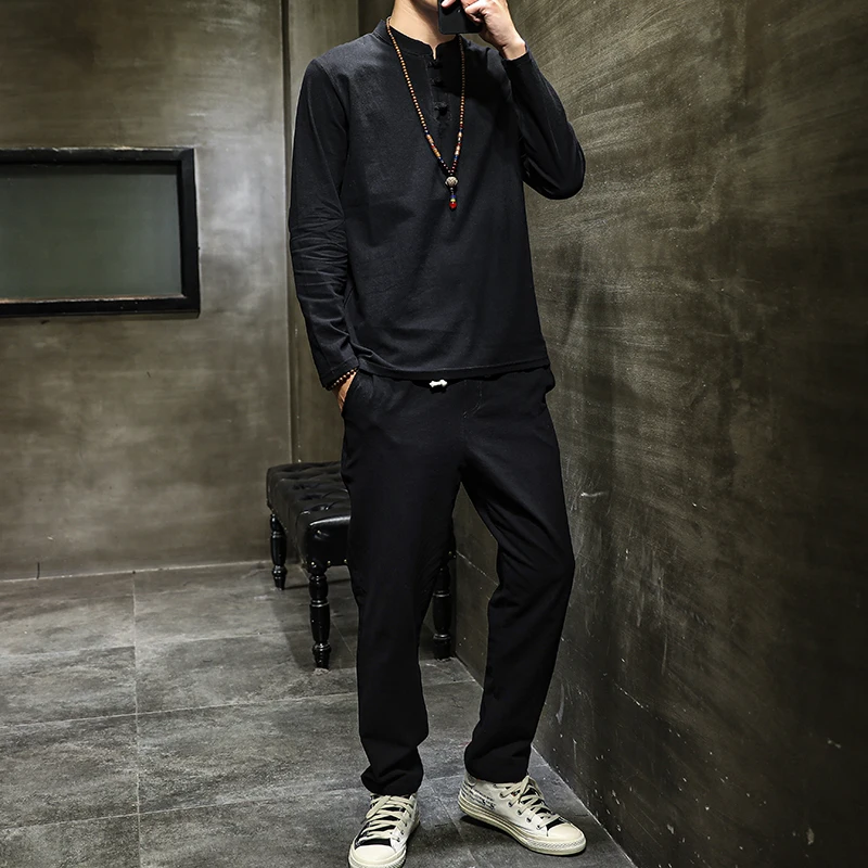 

New Arrival Men's Cotton and Linen Long Sleeve T-shirt+Pant Set Solid Shirt+Trousers Home Suits Male 4 Colors Size M-5XL 8006