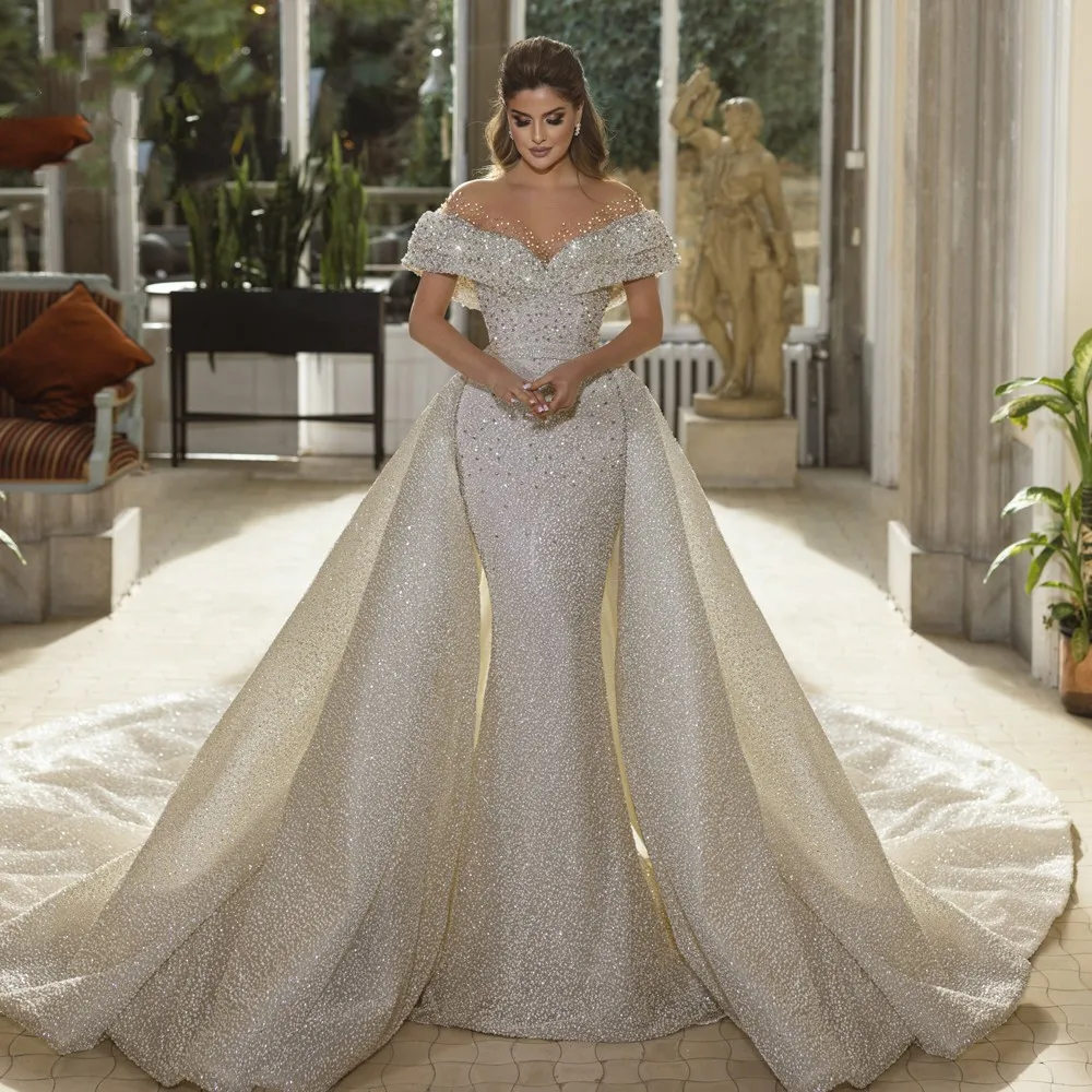 

Luxury Sequined Mermaid Wedding Dress Off The Shoulder Glitter Bridal Gowns Tiered Beads Vestido De Noiva With Detachable Train