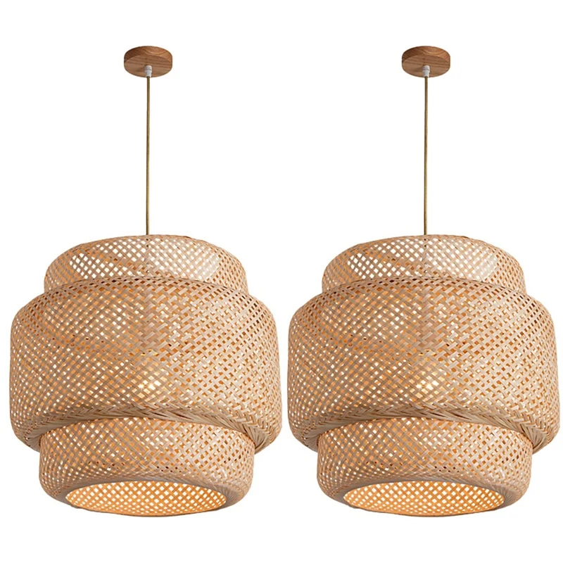 2X Pendant Light Ceiling Retro Hanging Cafe Lights Loft Japanese Style Hand Weaved Bamboo Woven Lampshade For Teahouse B