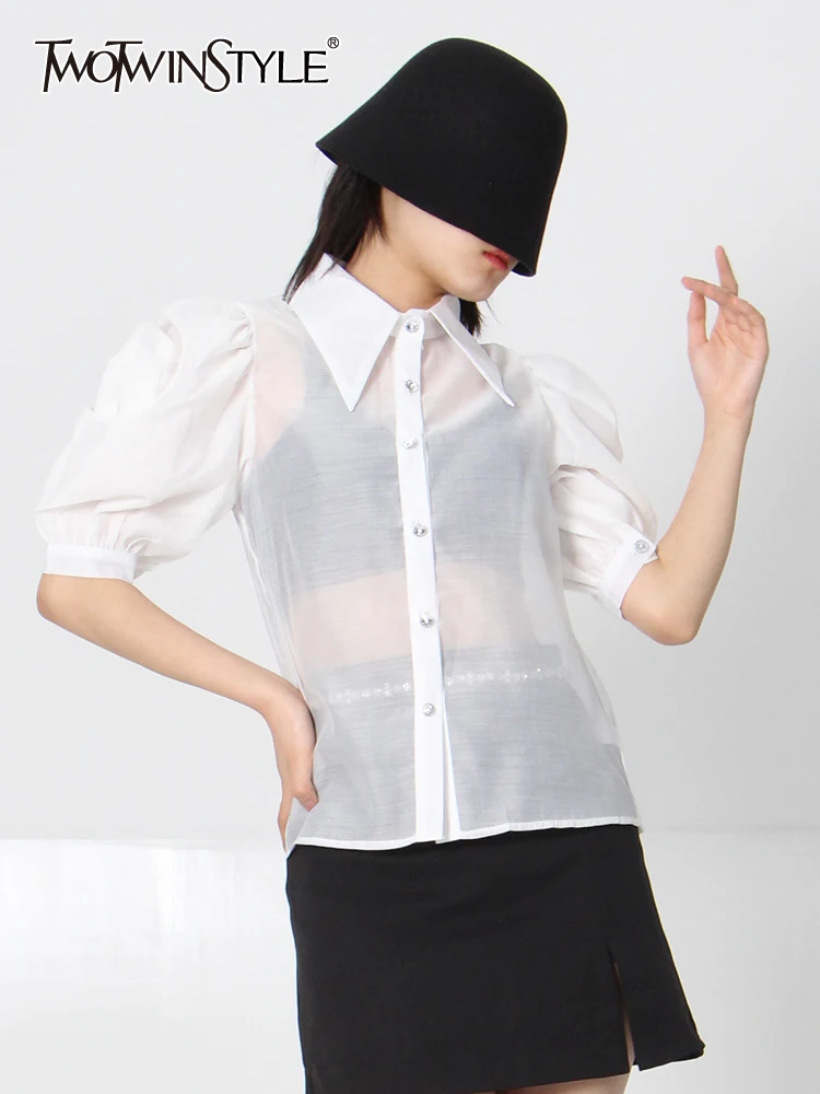 

TWOTWINSTYLE Casual Shirt For Women Lapel Short Sleeve Solid Minimalist Button Through Blouse Female Fashion Clothing Style New