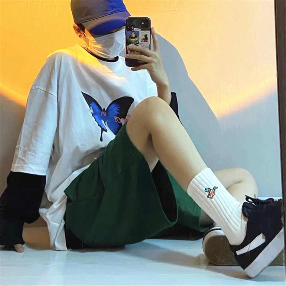 Men Fashion Street Cotton Socks Duckling Flying Little Duck Embroidery Japanese Brand Cartoon Embroid Human Made Sports Socks