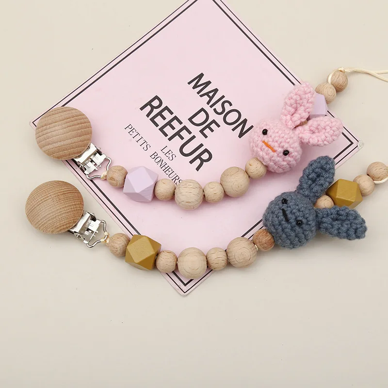 

1pc Crochet Bunny Baby Pacifier Clip Chain BPA Free Wooden Beads Appease Soother Chain Clips Newborn Dummy Holder Nipple Clip