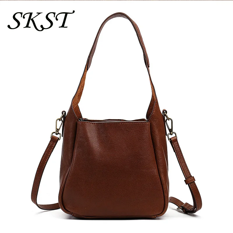 New Genuine Leather Women's Bag Solid Color Retro Women's Handheld Crossbody Bag Top Layer Cowhide Bag for Women