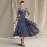 o neck mother of the bride dresses lace appliques pleat half sleeve a line elegant dress women for wedding party guest gown