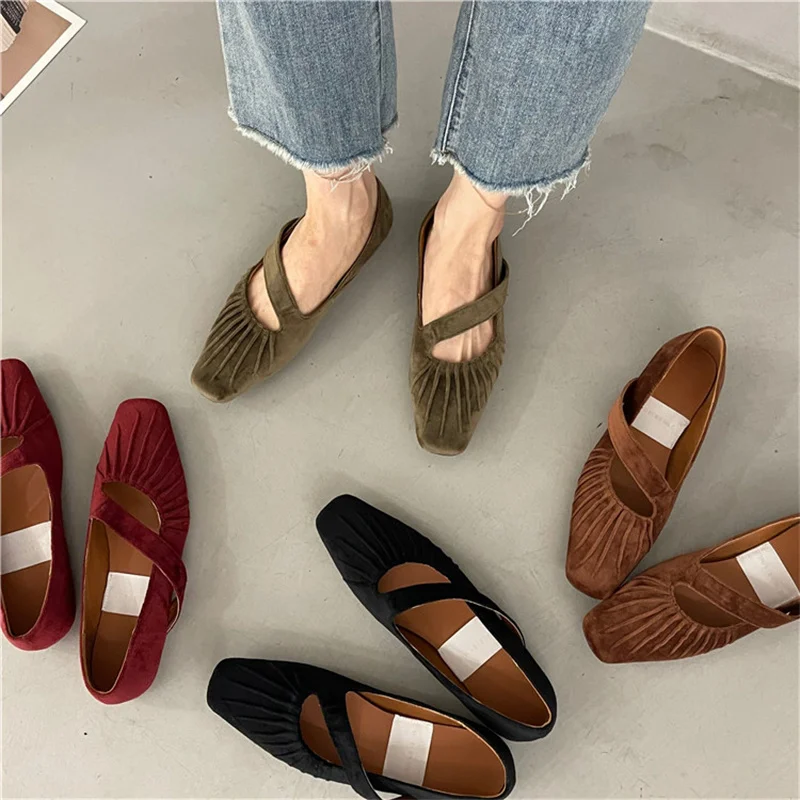 

Bailamos 2023 Brand Fashion Flats One-Word Belt Retro Mary Jane Shoes Square Toe Flat Fairy Shoes Slip On Soft Single Shoes Muje