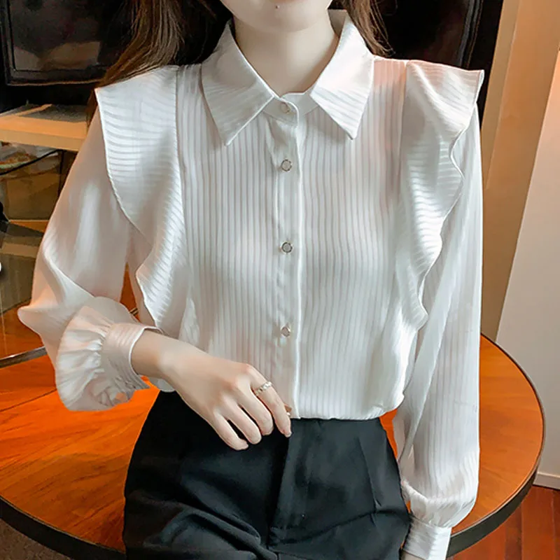 Модная женская рубашка с отложным воротником и оборками полосатая шифоновая