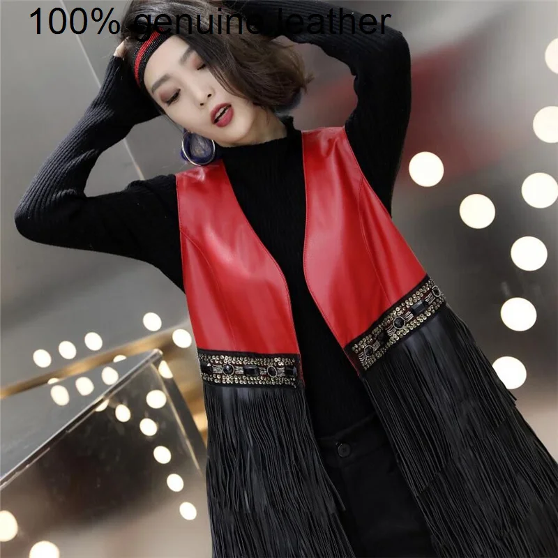 genuine fashion Ladies High quality waistcoat.lovely tassel ,chic ,trendy ,sheepskin leather waistcoat