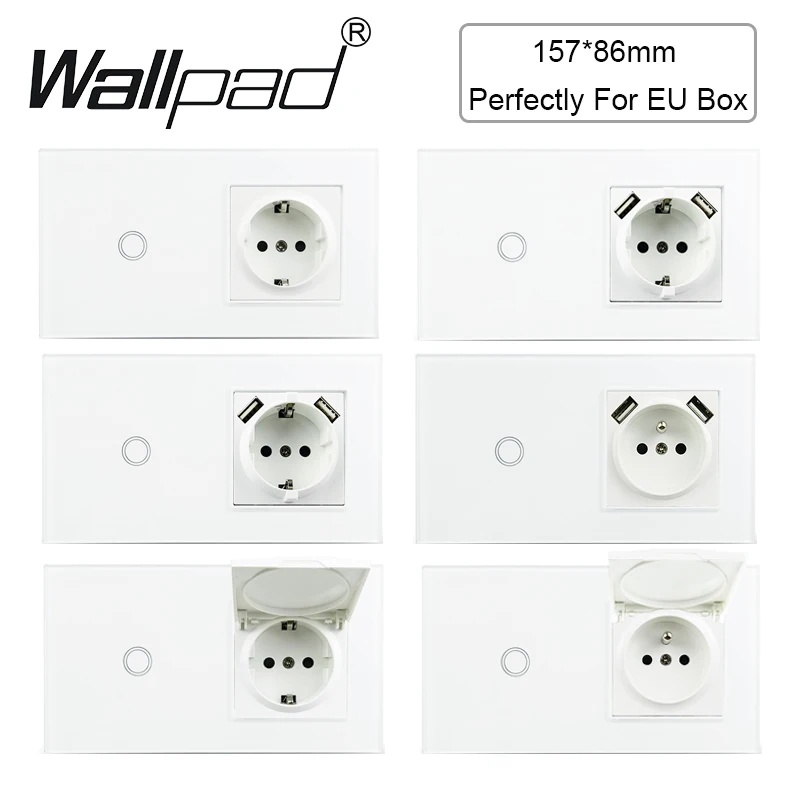 

EU Touch Wall Switch and Socket Wallpad White Glass Backlight 1 2 3 Gang 1 Way Led Switches Interruptor Tomada with USB Outlet