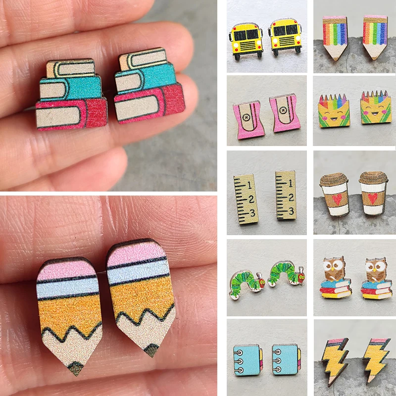 Симпатичные деревянные карандаши серьги для учеников молния линейка черная