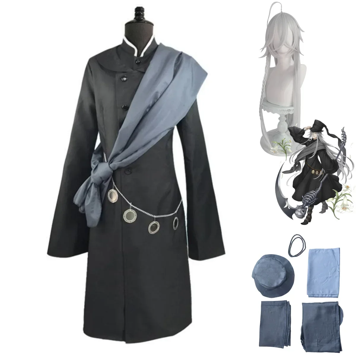Костюм для косплея из аниме Черный Батлер серебристый парик шаль Униформа
