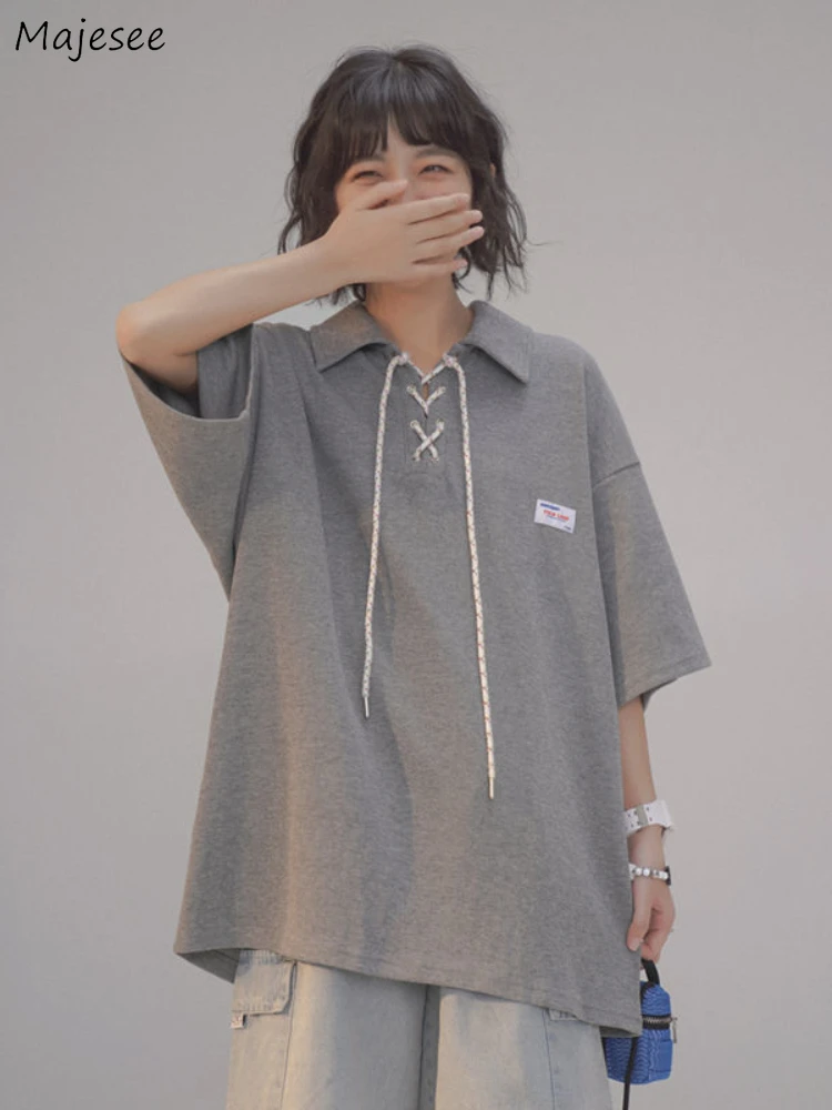 

T-shirts Women Solid Bandage Design Chic Trendy Loose Couple Unisex All-match Streetwear Korean Style Harajuku Cool Summer Ins