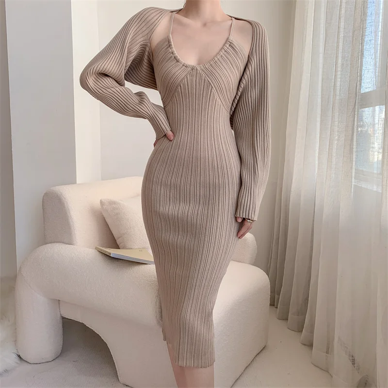 

Two-piece Dress Sets for Women Clothing Warm Knitted Dress Set Fleece Autumn Sweater and Tank Dress Elegant Outfit Winter 2022
