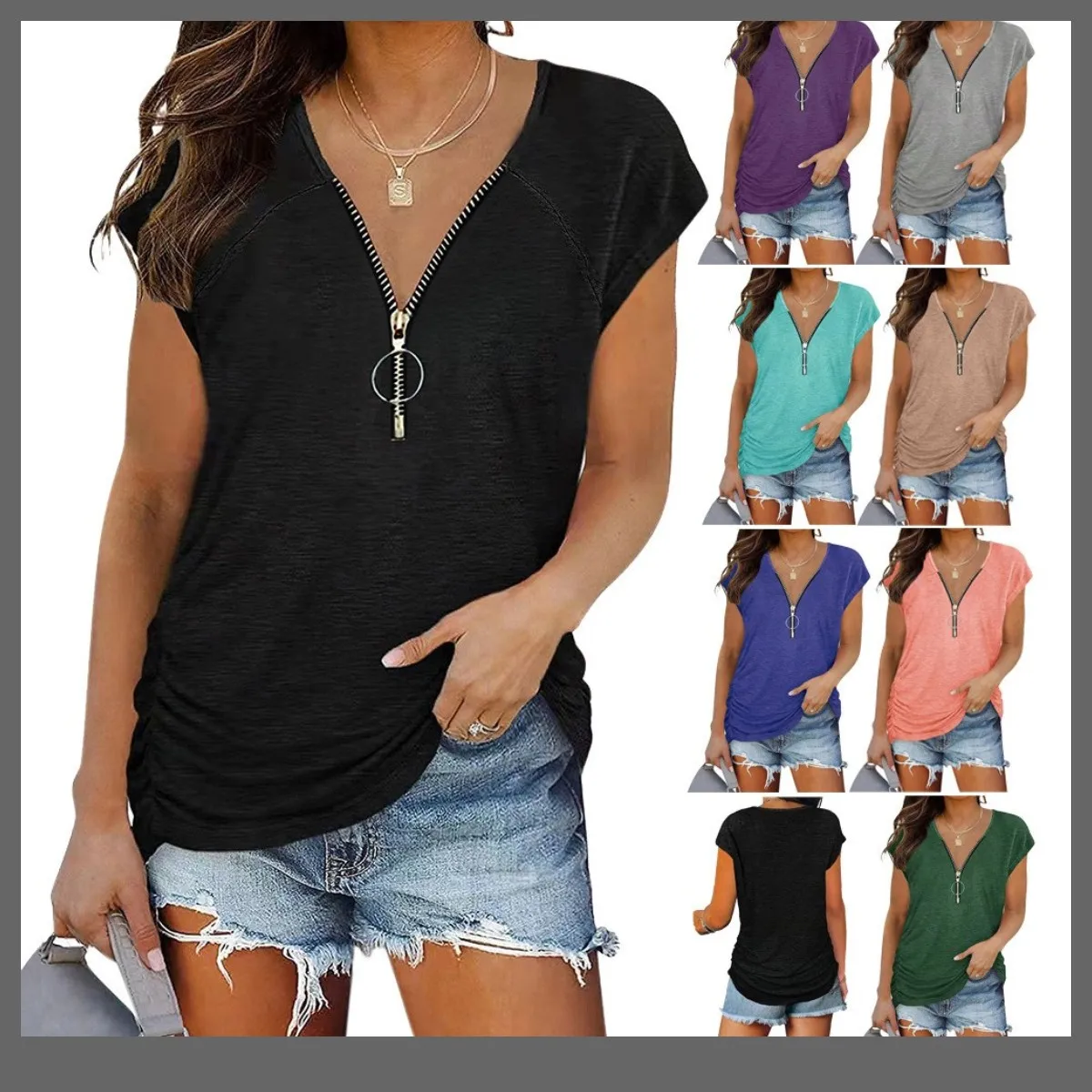 

Spring European and American Popular Fashion Casual Chest Zipper Pleated Casual Short-sleeved T-shirt Ladies Top
