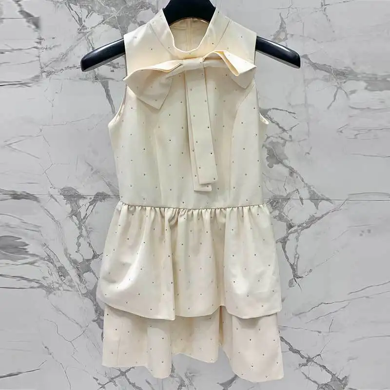

France Hepburn Style Slim Cake Dress Summer Fashion O Neck Bow Design Waist Up Sleeveless Hot Diamond Dress Women Clothes 23New