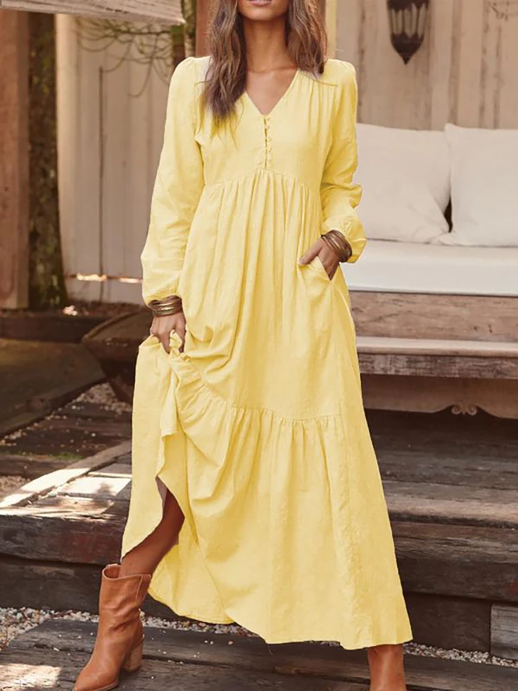 

V Neck Cotton Maxi Dress Women Lantern Sleeve Long Dress Solid Vintage Pleated Big Swing Autumn Winter Casual Dresses