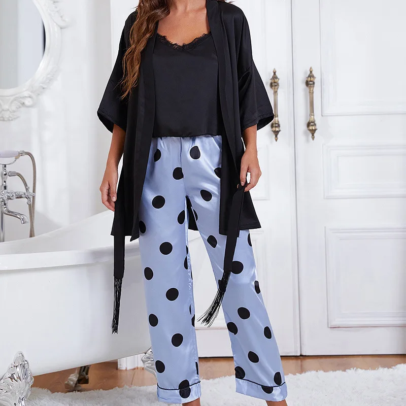 

3PCS Sleep Set Summer Women Pajamas Casual Dot Loose Robe Nightgown Strap Top&Pants Pyjamas Sweet Sexy Satin Home Wear Sleepwear