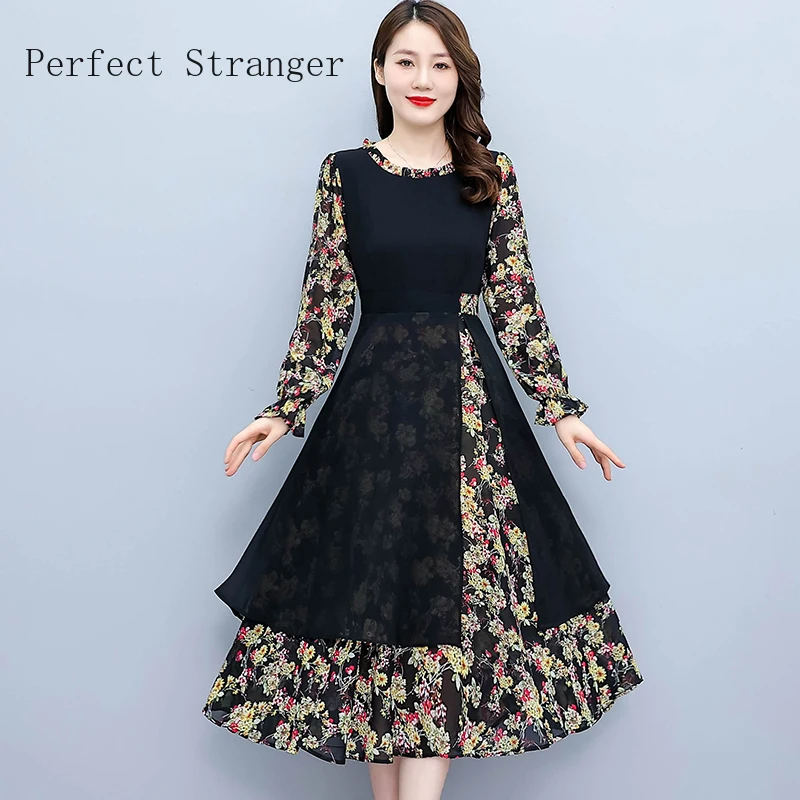 

2022 Autumn New Arrival Korean Vestido Round Collar Fake Two Pieces Flower Printed Long Sleeve Women Chiffon Long Dress