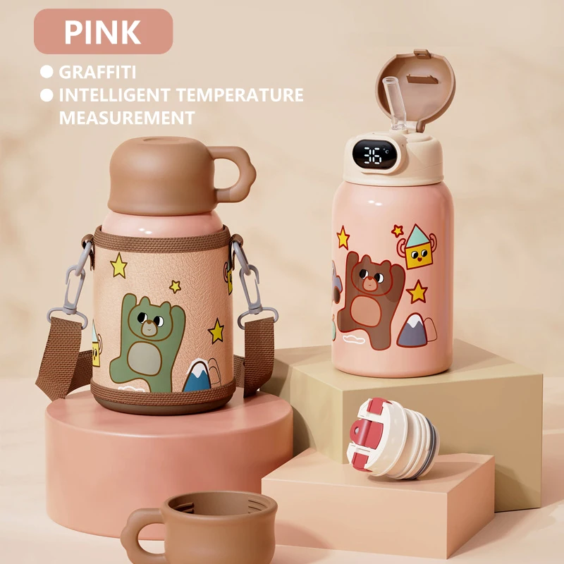 

Children's Thermos Cup Intelligent Temperature Measurement Stainless Steel Student Straw Water Cup Double-layer Cartoon Silicone