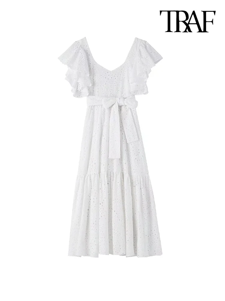 

TRAF Women Fashion With Belt Cutwork Embroidery Midi Dress Vintage V Neck Short Ruffled Sleeves Female Dresses Vestidos
