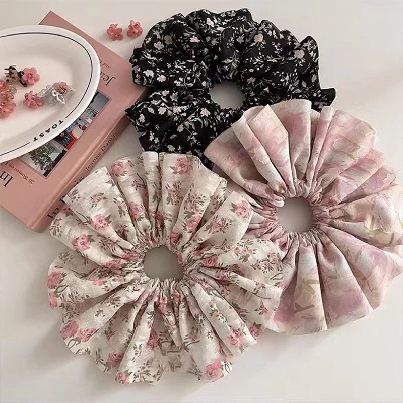 

Oversized Hair Scrunchies Fungus Edged Flower Print Chiffon Elastic Hair Bands Headwear Big Ponytail Holder Hair Ropes Wholesale