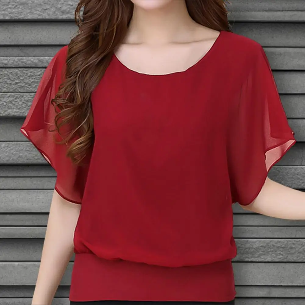 

Chiffon Blouse Women Top Solid Color O Neck Pullover Batwing Sleeve Ruffle Shirts Blouses Summer Top