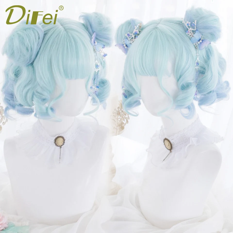 Mint Macaroon Short Curly Synthetic Wig Female Fluffy Cute Lolita Blue-purple Gradient curly Christmas Cosplay Party