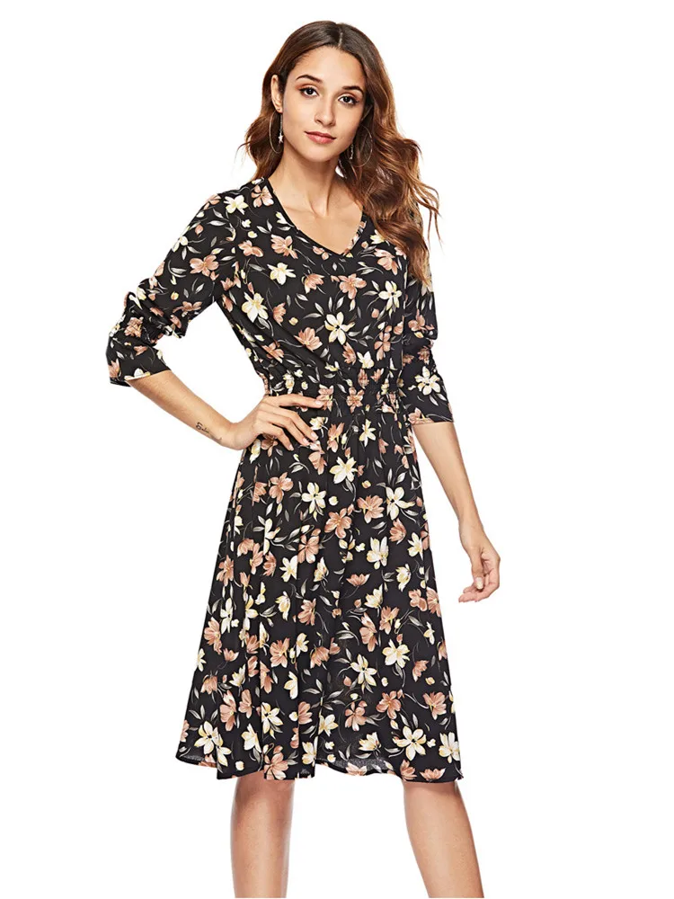 

Dresses for Women 2022 Vintage Floral Dress Elastic Waist Spring Summer Clothes Half Sleeve Knee Lenght Dresses Office Lady Robe