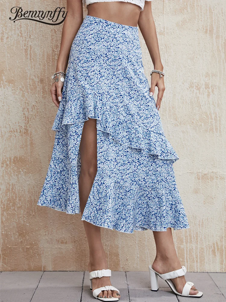 Benuynffy яркая юбка с цветочным принтом и оборками на подоле женская летняя
