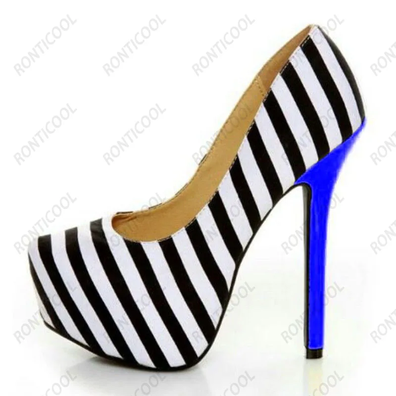 Ronticool New Fashion Women Platform Pumps Sexy Stripped Stiletto Heels Round Toe Elegant Black Party Shoes US Plus Size 5-20