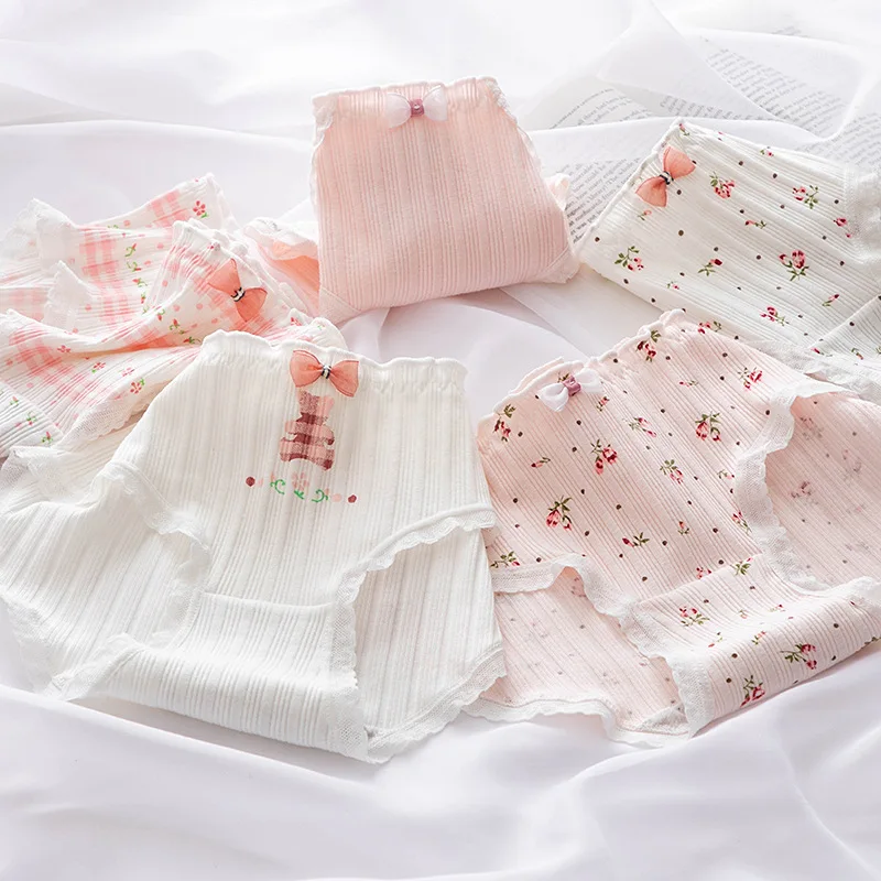 

Cute Panties with Bow Line For Women Underwear Lingerie briefs Girls Pink Japaness Style Floral Sexy Panty