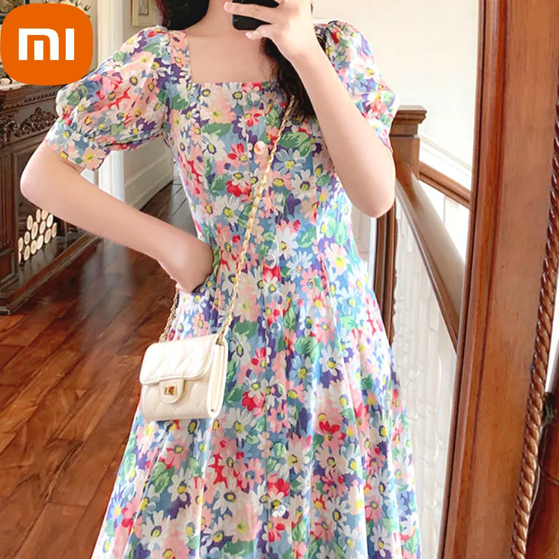 

Xiaomi French Floral Dress Women Vintage Retro Print Chiffon Dress Puff Sleeve Slim Fit Summer Autumn Clothes Korean Dress