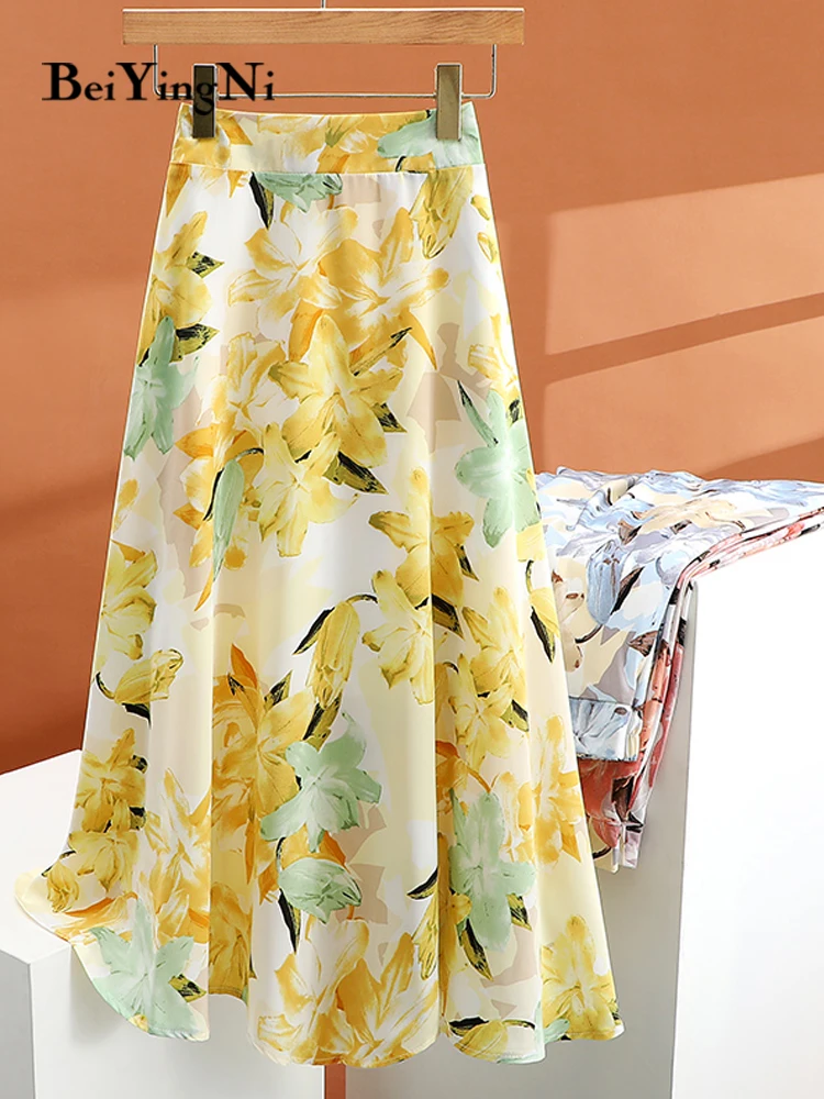 

Beiyingni Chiffon Midi Skirts Floral Printed Retro Casual Soft Satin Long Swing Korean Style Skirt Womans Yellow High Waist Jupe