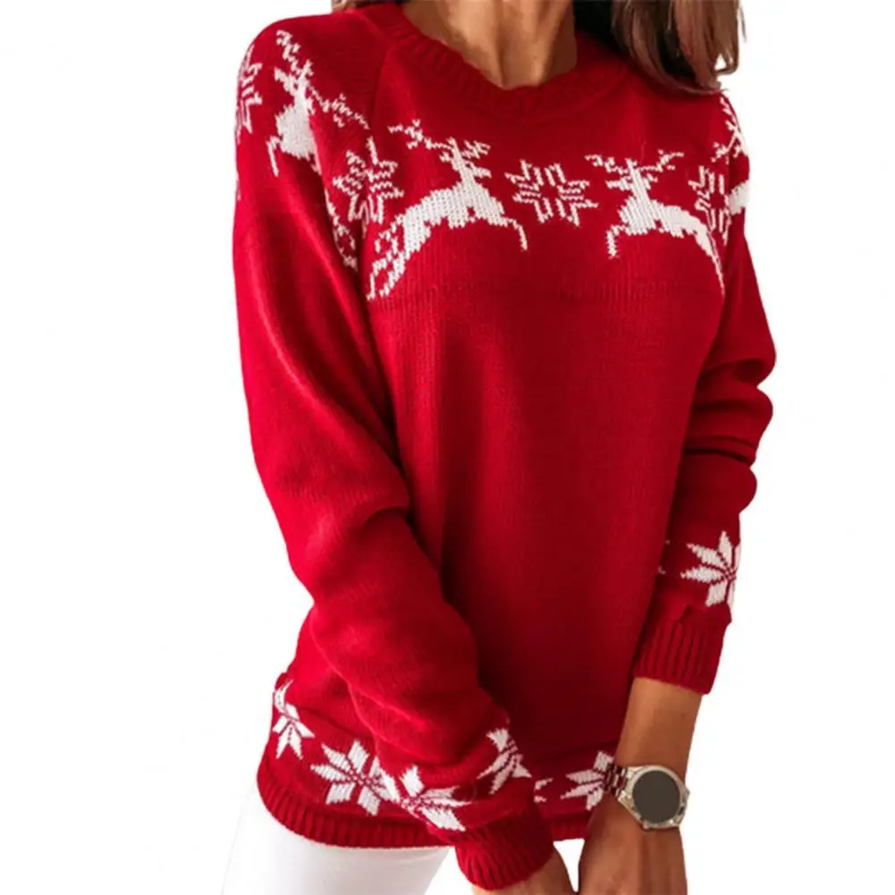 

Christmas Sweater Elk Print Round Neck Knitted Casual Warm Pullover Women Sweater O Neck Knitted Elastic Spring Sweater
