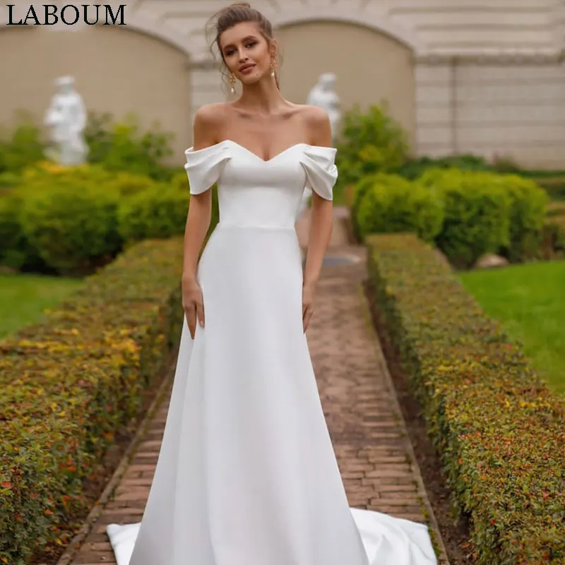 

LaBoum простые белые атласные свадебные платья а-силуэта с открытыми плечами для женщин сексуальные свадебные платья с сердечком со шлейфом С...